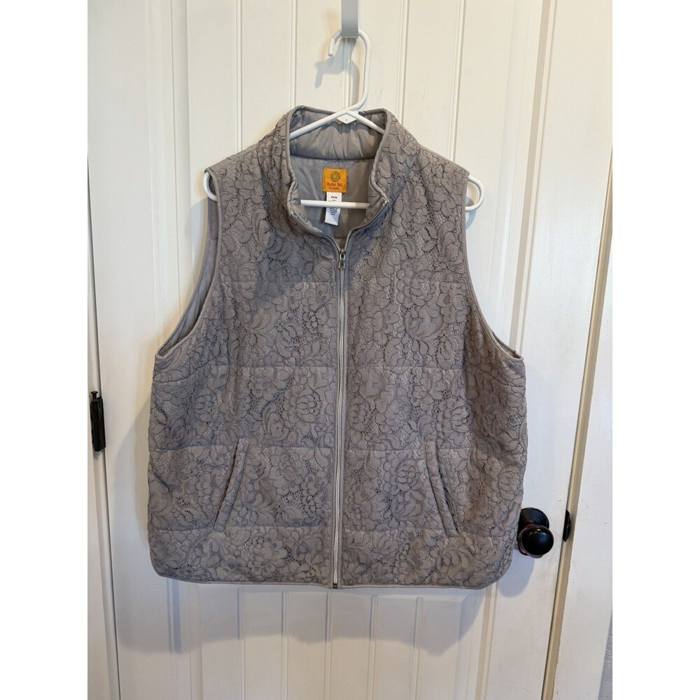 Ruby Rd Woman Vest Womens 20W Plus Gray Floral Lace Quilted Zip Front Pockets